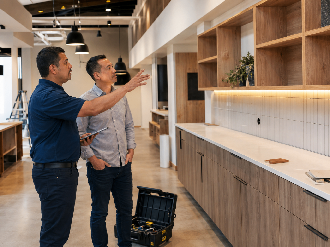 Client walkthrough in a commercial showroom