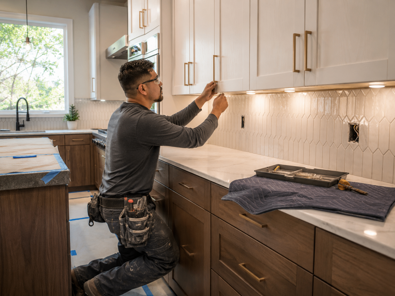 Installing hardware on white cabinets