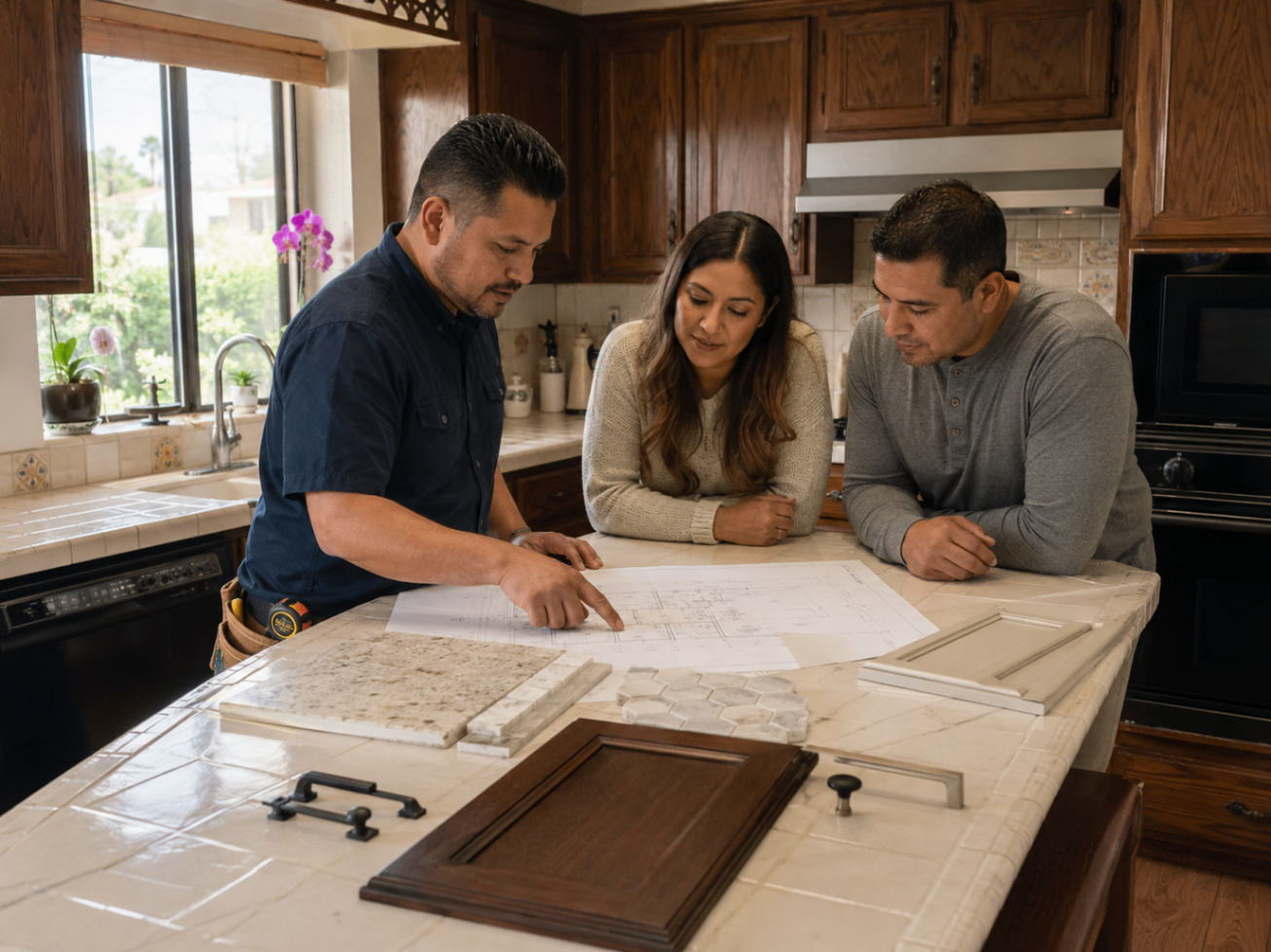 Explaining kitchen plans to clients