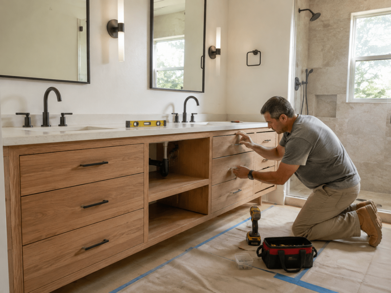 Installing a wood double vanity