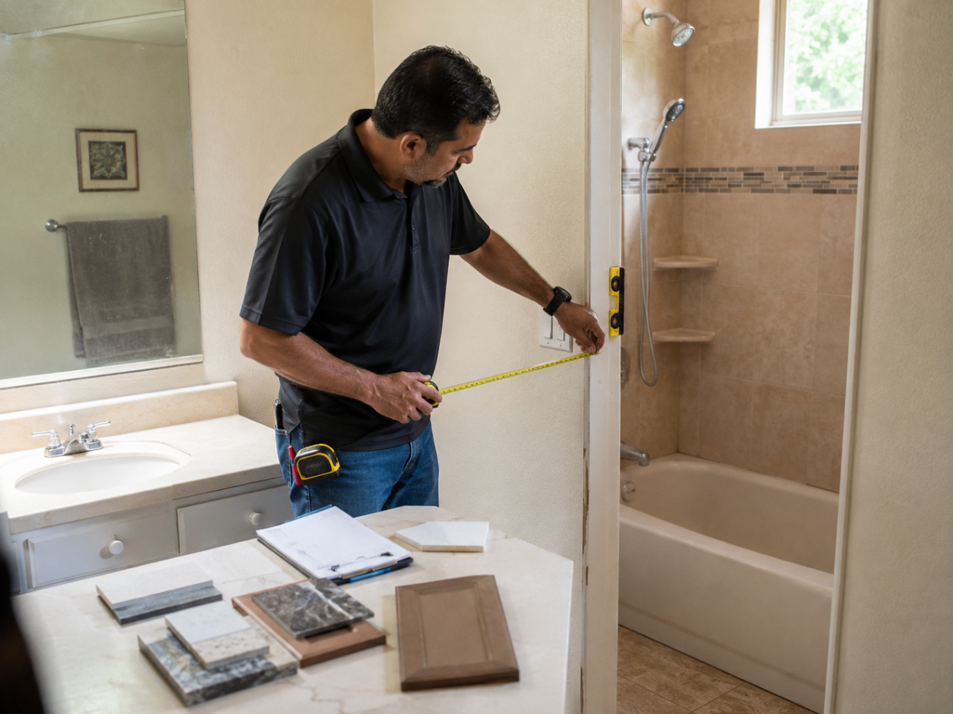 Measuring a bathroom doorway with material samples